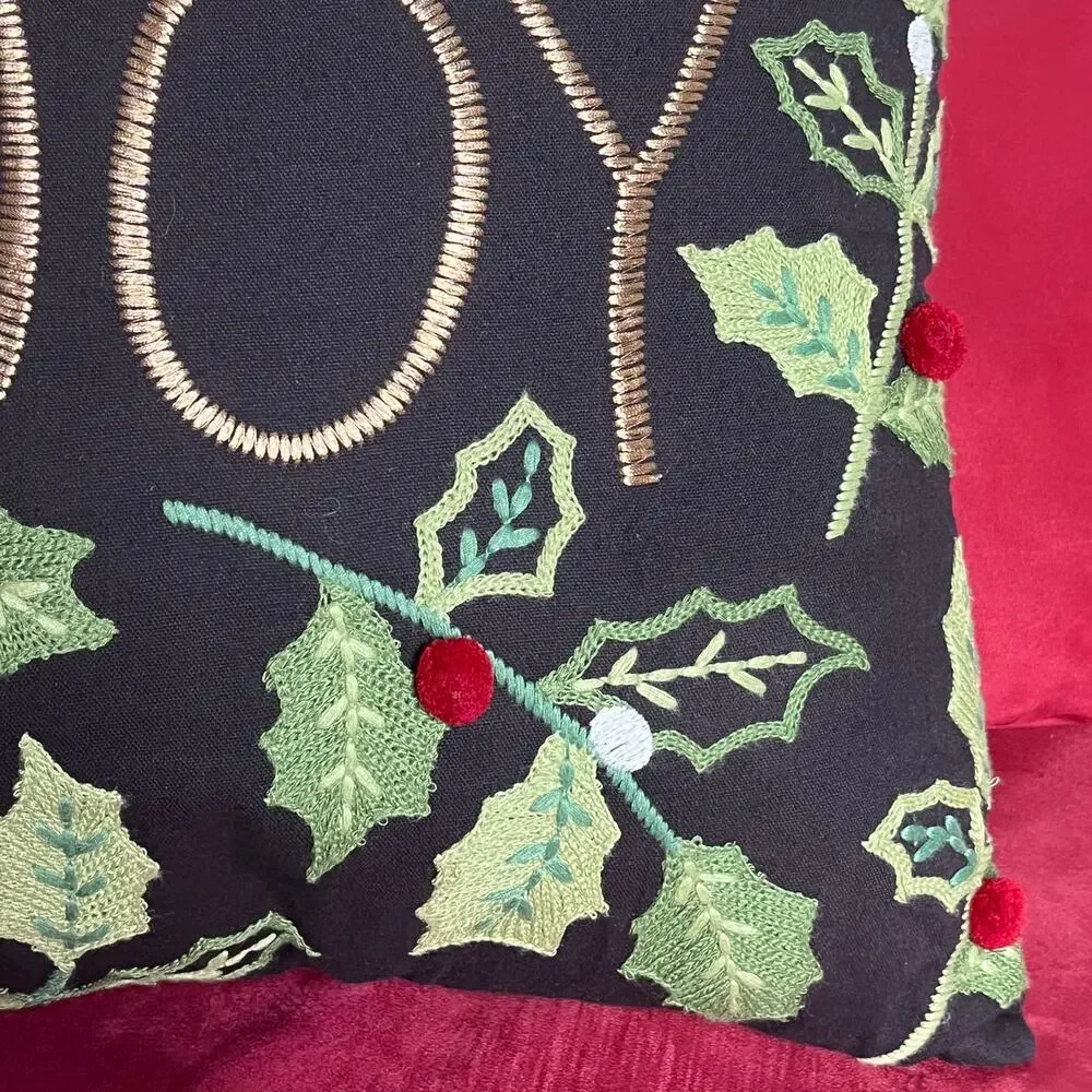 Pier 1 Holiday Accent Pillow 'JOY' Holly Leaves Berries Embroidered Christmas